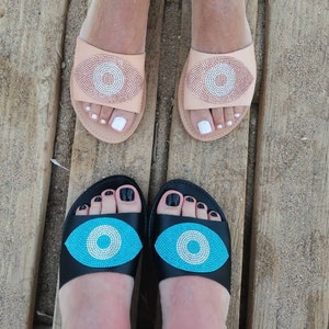 Crystal Evil Eye Greek Leather Sandals, Handmade Beige Slides