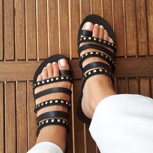 Black Leather Sandals with Gold Studs, Genuine Greek Leather