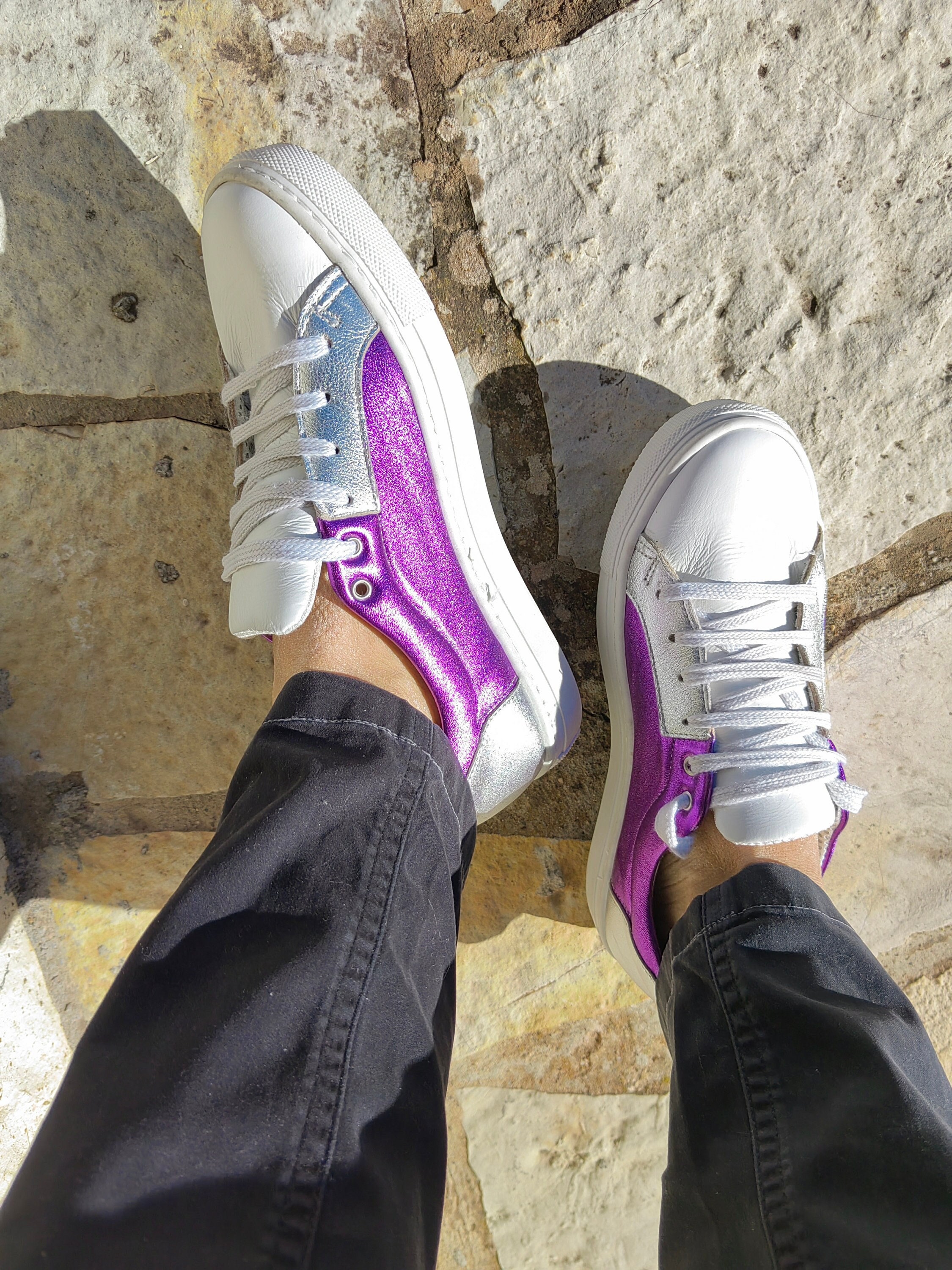 Leather sneakers, metallic women sneakers, purple casual shoes, greek leather shoes, comfort shoes, lace up flats