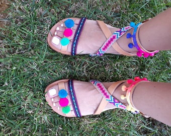 Colorful boho sandals, friendship bracelet sandals, bohemian sandals, genuine leather sandals, pompom, friendship bracelets, Greek sandals