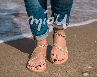 Handmade Leopard Print Leather Strappy Sandals, Greek Style