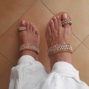 Crystal leather sandals, peach sandals, genuine Greek leather sandals, toe ring sandals