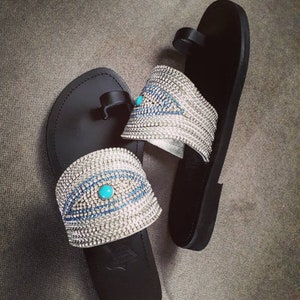 Evil Eye Crystal Greek Leather Sandals with Silver Chains