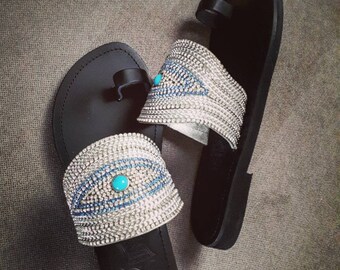 Evil Eye Crystal Greek Leather Sandals with Silver Chains