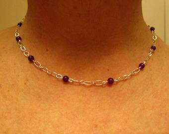Gemstone and Chain Necklace, Amethyst Chain Necklace, Birthstone Necklace, Choker Necklace