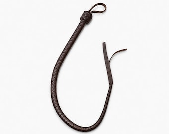 May include: A dark brown braided leather whip featuring a woven handle knot and a small loop at the top. The whip curves into a long, flexible body that tapers towards the end, where a single thin leather strand extends from the braided section.