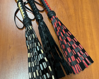 Leather Flogger with Braided Handle, Handmade Whip with 30 Tails, 19.7 in