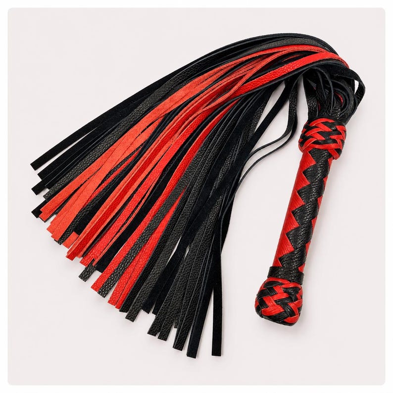May include: A black and red leather whip with a braided handle. The whip features alternating black and red leather strips. The handle is red and black, with a woven design. The whip is designed for adult use.