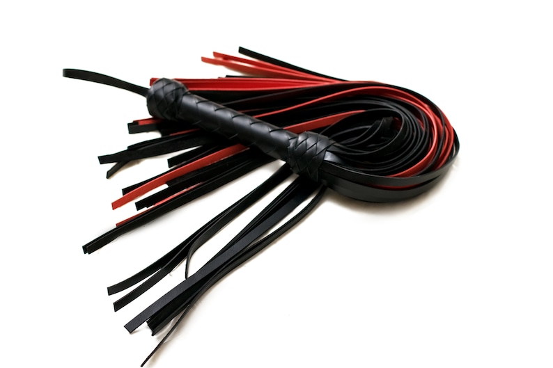 Puede incluir: Un l&aacute;tigo de cuero negro y rojo con un mango trenzado. El l&aacute;tigo tiene m&uacute;ltiples hebras de cuero que est&aacute;n atadas juntas en el extremo.