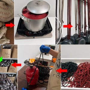 May include: A multi-panel process overview showing raw jute rope in burlap sacks, a metal pot with red dye on a burner, ropes hanging to dry, a gas burner singeing rope ends, and finished piles of black, red, and tan rope in storage bins.