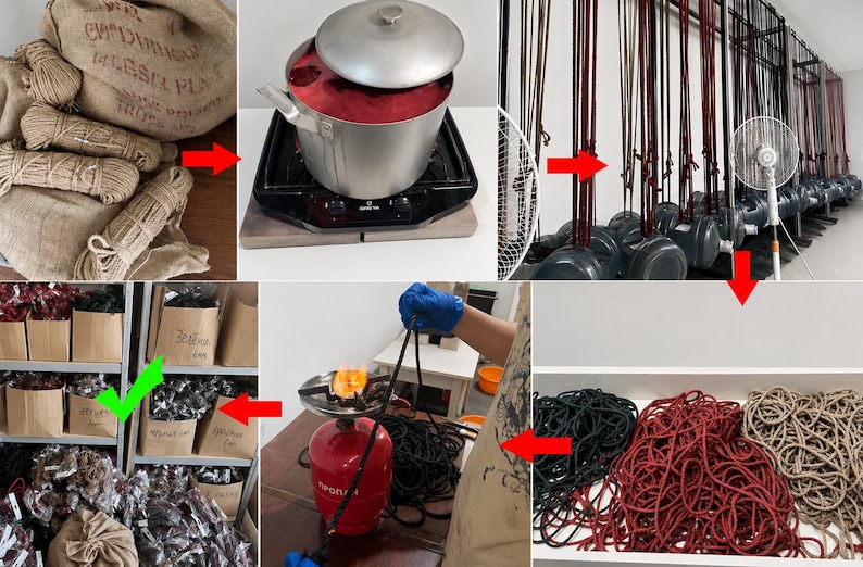 May include: A multi-panel process overview showing raw jute rope in burlap sacks, a metal pot with red dye on a burner, ropes hanging to dry, a gas burner singeing rope ends, and finished piles of black, red, and tan rope in storage bins.