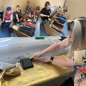 May include: A collage of images showing people crafting leather goods. Various stages of production are visible, including cutting, assembling, and finishing. The products appear to be leather straps and accessories, with a focus on craftsmanship.