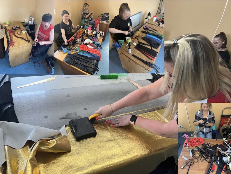 May include: A collage of images showing people crafting leather goods. Various stages of production are visible, including cutting, assembling, and finishing. The products appear to be leather straps and accessories, with a focus on craftsmanship.