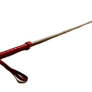 May include: A red leather-wrapped riding crop with a wooden shaft and a leather strap.