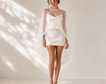 Sheer Bridal Cape with Lace Trim.