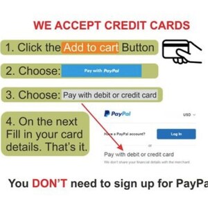 Op de afbeelding: Een grafische illustratie die laat zien hoe je met een creditcard kunt betalen via PayPal. De stappen zijn: 1. Klik op de knop 'Toevoegen aan winkelwagen'. 2. Kies 'Betalen met PayPal'. 3. Kies 'Betalen met een betaalpas of creditcard'. 4. Vul uw kaartgegevens in. U hoeft zich niet aan te melden bij PayPal.