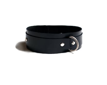 May include: A black leather choker with silver metal accents and a ring closure.