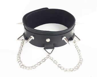 Handmade leather spiked choker, punk gothic chain collar, adjustable necklace