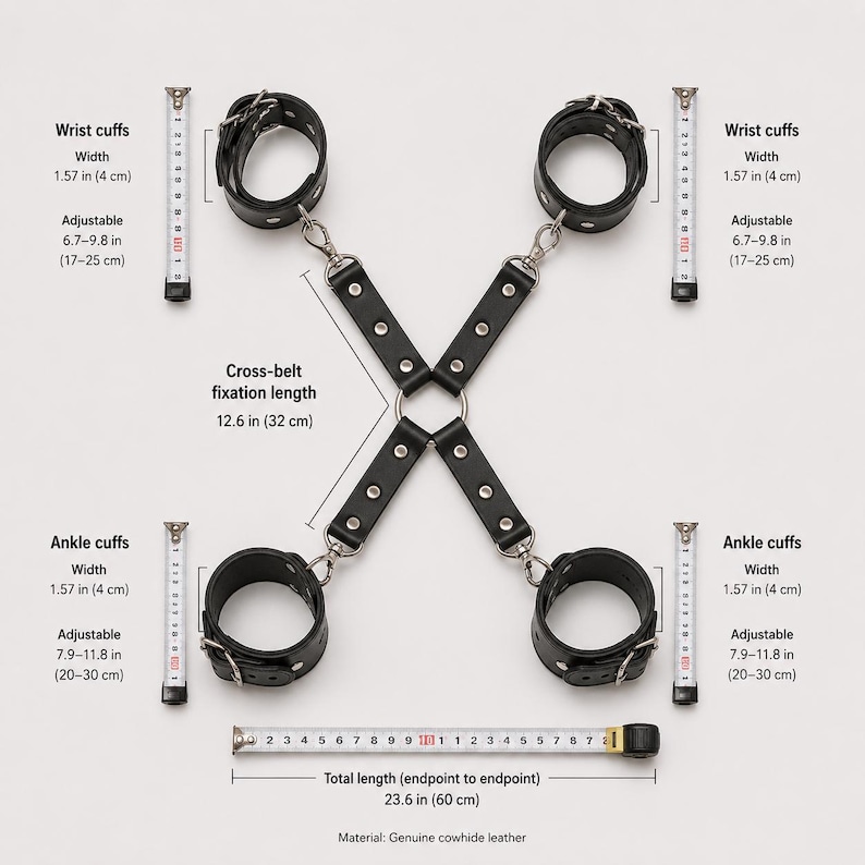 May include: A black leather restraint set featuring four adjustable cuffs connected by a central metal ring. Wrist cuffs are 1.57 inches wide and 6.7-9.8 inches adjustable. Ankle cuffs are 1.57 inches wide and 7.9-11.8 inches adjustable. Total length is 23.6 inches.