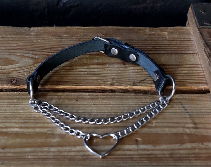 Leather Collar with Silver Choker, Spike, Heart Detail, Handmade