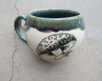 Handmade Green and Blue Mushroom Mug