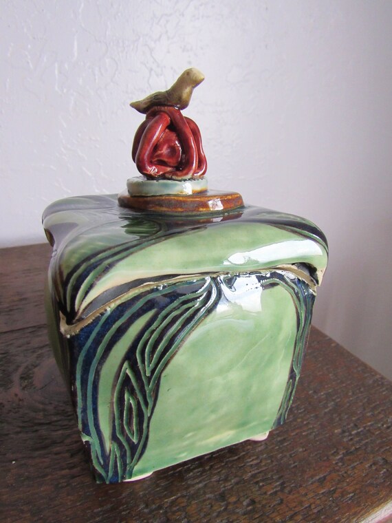 Green Carved Ceramic Bird Box Etsy