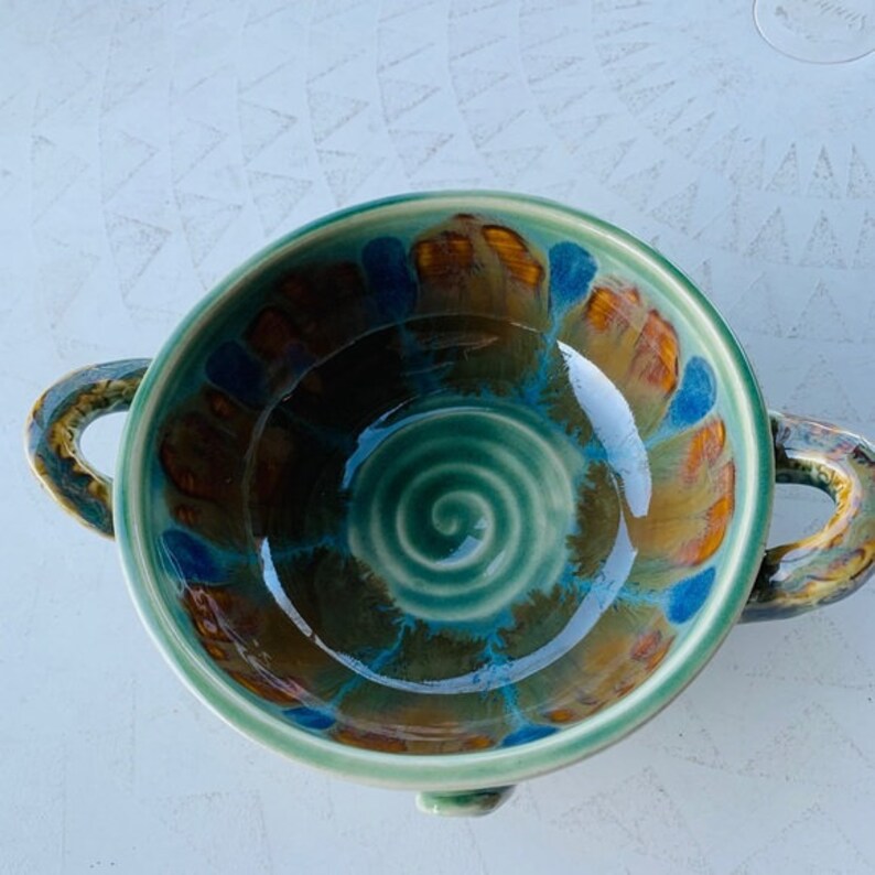 Handmade Green and Brown Drip Glaze Bowl With Handles Etsy