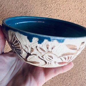 Blue and Brown Carved Pottery Serving Bowl High Fired