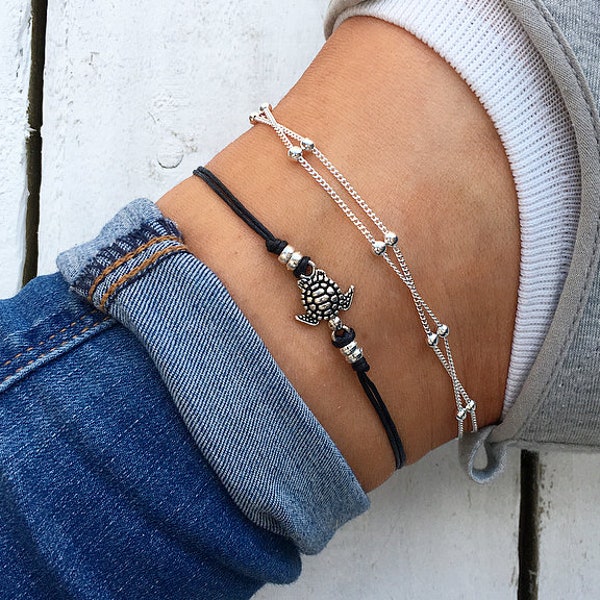 Sea turtle anklet black, silver beaded anklet, black cord anklet, beaded ankle bracelet, turtle anklet, cute animal anklet by Turtle Toes
