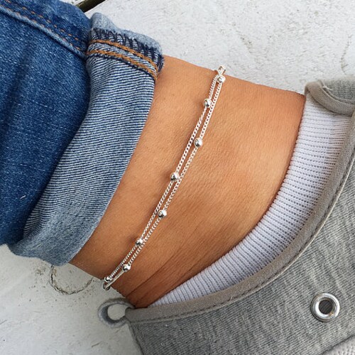 Silver beaded anklet, Silver anklet bracelet, beaded ankle bracelet, anklets for women, silver bracelet, silver jewellery. Turtle Toes Co.