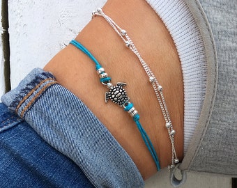 Turquoise sea turtle ankle bracelet, silver beaded anklet, animal anklet, beaded anklet, beaded ankle bracelet, turtle anklet, anklet set.