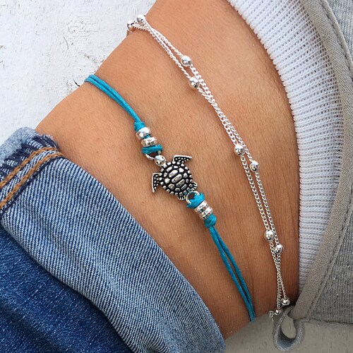 Turquoise sea turtle ankle bracelet, silver beaded anklet, animal anklet, beaded anklet, beaded ankle bracelet, turtle anklet, anklet set.