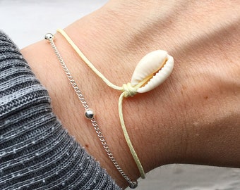 Yellow Shell Bracelet, Cord Bracelet, Bracelet Set, Seashell Bracelet, Shell Jewellery,Silver Bracelet, Beach accessories by Turtle Toes Co