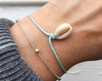 Aquamarine Shell Bracelet, Cord Bracelet, Bracelet Set, Seashell Bracelet, Shell Jewellery,Silver Bracelet, Eby Turtle Toes Co