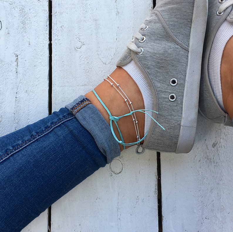 Aqua Blue Sea Turtle Anklet silver beaded anklet aqua cord image 2