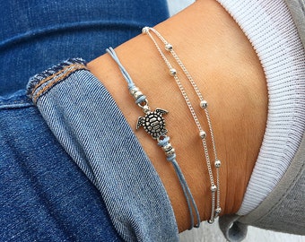 Sky Blue sea turtle ankle bracelet, silver beaded anklet, beaded anklet, beaded ankle bracelet, turtle anklet, anklet set silver Turtle Toes