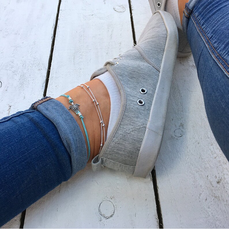 Aqua Blue Sea Turtle Anklet silver beaded anklet aqua cord image 4