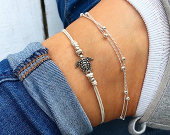 White sea turtle ankle bracelet, silver beaded anklet, beaded anklet, beaded ankle bracelet, turtle anklet, cord anklet set by Turtle Toes