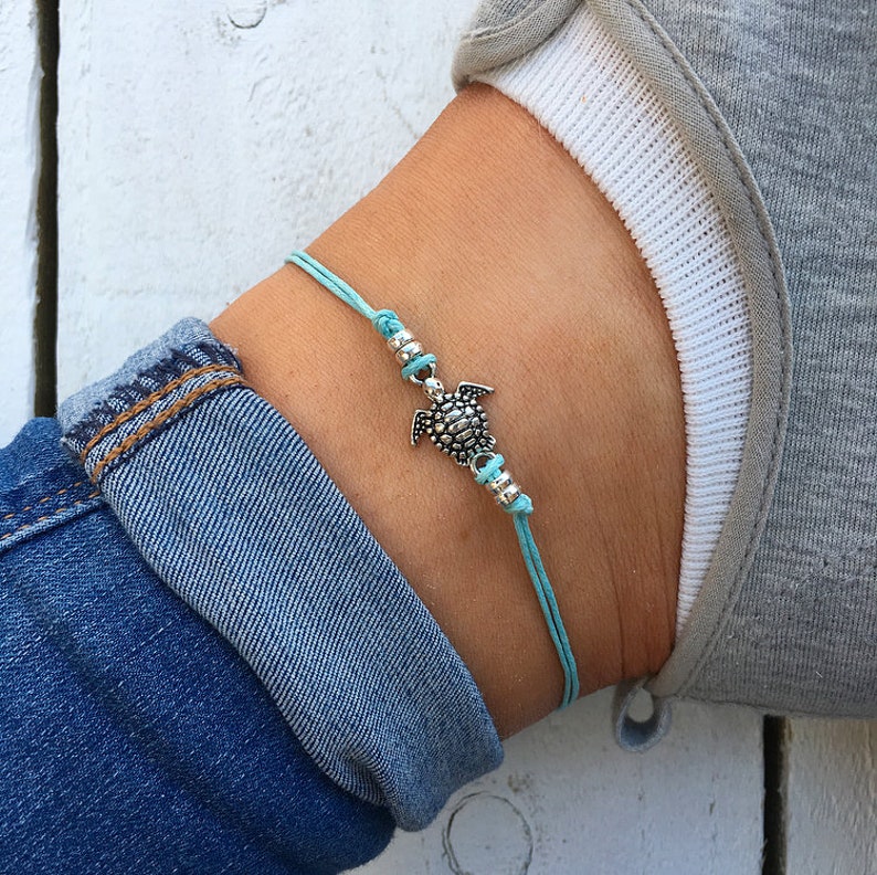 Aqua Blue Sea Turtle Anklet silver beaded anklet aqua cord image 3