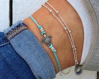Aqua Blue Sea Turtle Anklet, silver beaded anklet, aqua cord anklet, beaded ankle bracelet, turtle anklet, cute animal anklet by Turtle Toes