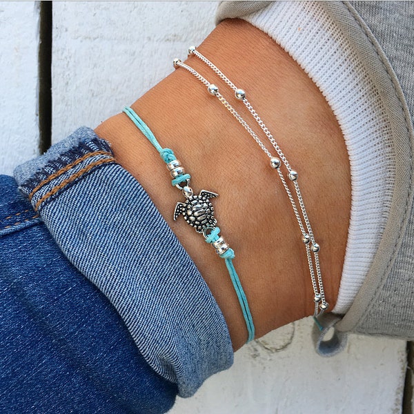 Aqua Blue Sea Turtle Anklet, silver beaded anklet, aqua cord anklet, beaded ankle bracelet, turtle anklet, cute animal anklet by Turtle Toes