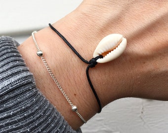 Black Shell Bracelet, Cord Bracelet, Bracelet Set, Seashell Bracelet, Shell Jewellery,Silver Bracelet, Beach accessories by Turtle Toes Co