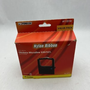 May include: A box of black nylon printer ribbon for Okidata Microline 320/321 printers. The box is orange and red with the text "Nylon Ribbon" and "Value Pack". The box also has the text "Printer" and "Black".