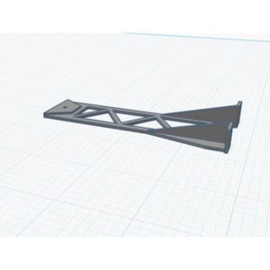 May include: A gray, geometric 3D-printed object with a long, rectangular central section featuring a triangular lattice design. The ends flare out, creating a wider base. The object is set against a grid background.