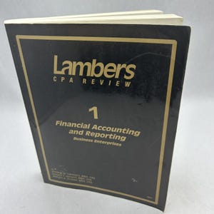 May include: A black book with gold lettering titled "Lambers CPA Review 1 Financial Accounting and Reporting Business Enterprises".