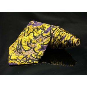 BRIONI all Silk Tie in Multi-Color Abstract Art Purple Yellow