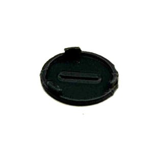 May include: A small, black, circular object with a rectangular slot in the center. The object has a raised, curved edge and a small, raised tab on one side. The object is set against a white background.