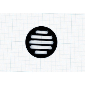 May include: A black, circular vent cover with horizontal slots. The vent cover is made of a solid material and is designed to allow air to pass through. The background is a white grid.