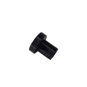 May include: A black, cylindrical object with a wide, ridged top and a narrower, tapered body. The object appears to be made of a solid material and is set against a white background. The design suggests a stopper or plug.