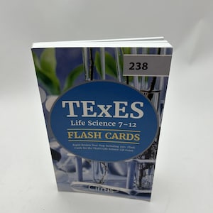 May include: A stack of flash cards for the TEXES Life Science 7-12 exam. The cover features a blue circle with the text "TEXES" and "FLASH CARDS". The number "238" is printed on a gray label. The background shows test tubes.